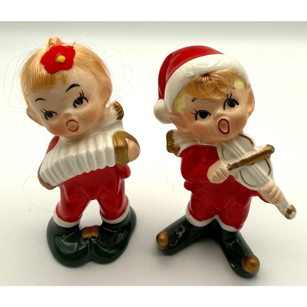 Set of 2 Vintage Napco Pixie Elf Caroler Figurines Blonde Hair X-7590 Sticker